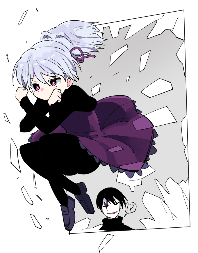 1boy 1girl black_hair commentary_request crack darker_than_black defenestration dress expressionless eyebrows_visible_through_hair flat_color folded_leg hair_between_eyes hair_ribbon hei jitome jumping loafers long_hair long_sleeves mask pantyhose ponytail purple_dress purple_eyes purple_ribbon ribbon shattering shoes silver_hair simple_background speech_bubble spoken_interrobang through_window tonmoh white_background white_pupils window x_arms yin