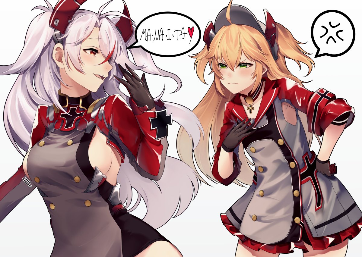 admiral_hipper_(azur_lane) ahoge anger_vein antenna_hair armpit_cutout azur_lane bangs blonde_hair blush breast_envy breasts choker collarbone commentary_request double-breasted eyebrows_visible_through_hair gloves green_eyes hair_between_eyes hat headgear iron_cross koruta_(nekoimo) large_breasts long_hair long_sleeves mole mole_under_eye multicolored_hair multiple_girls open_mouth prinz_eugen_(azur_lane) red_hair side_cutout sideboob silver_hair simple_background skirt sleeves_folded_up smile spoken_anger_vein streaked_hair taunting translated two_side_up very_long_hair white_background wide_sleeves