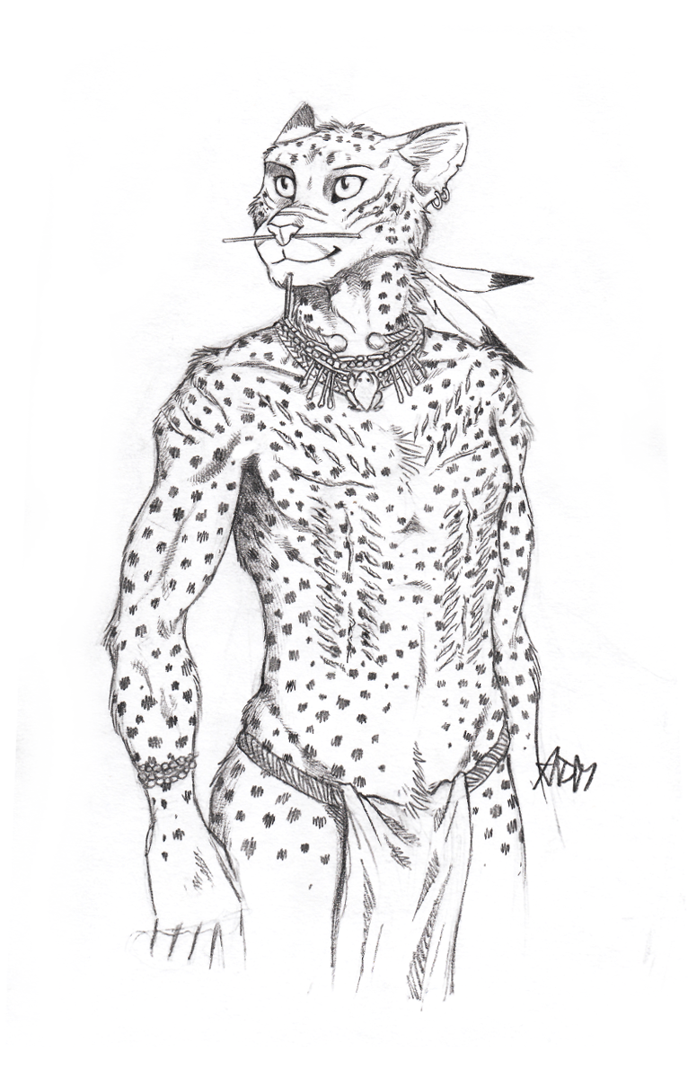 0laffson 2018 anthro cheetah clothing ear_piercing feline fur loincloth male mammal piercing scarification simple_background sketch smile solo spots spotted_fur traditional_media_(artwork) tribal white_background
