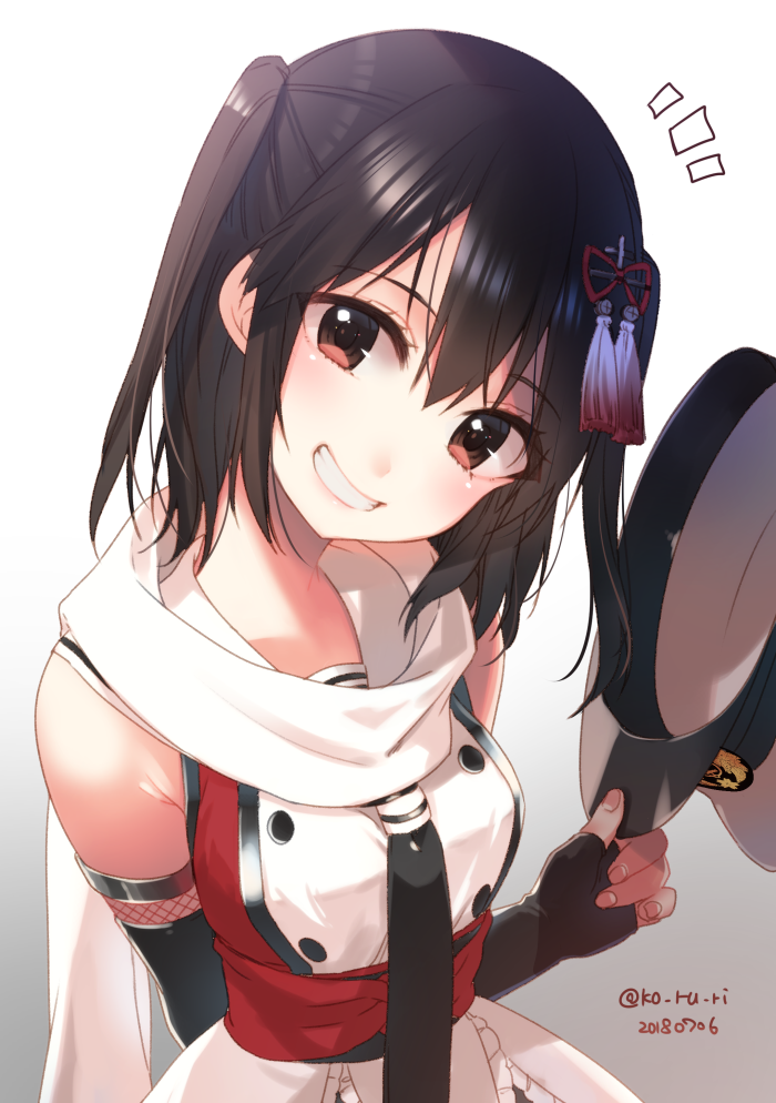 arm_behind_back black_hair breasts brown_eyes commentary_request dated elbow_gloves eyebrows_visible_through_hair fingerless_gloves gloves grin hair_between_eyes hair_ornament hat hat_removed head_tilt headwear_removed holding holding_hat kantai_collection koruri looking_at_viewer medium_breasts necktie peaked_cap remodel_(kantai_collection) scarf school_uniform sendai_(kantai_collection) serafuku sleeveless smile solo teeth twitter_username two_side_up upper_body white_scarf