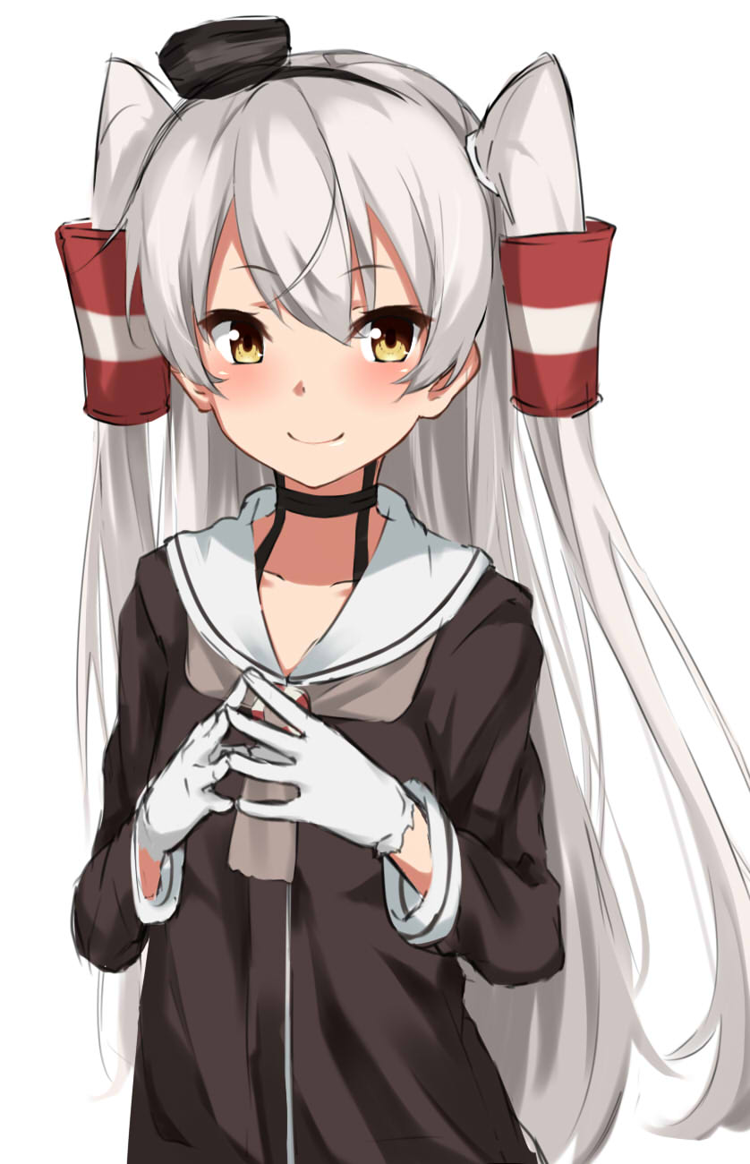 amatsukaze_(kantai_collection) bangs black_choker black_hairband blush brown_dress brown_eyes brown_neckwear choker closed_mouth collarbone commentary_request dress eyebrows_visible_through_hair gloves hair_between_eyes hair_tubes hairband hands_up highres kantai_collection kohakope lifebuoy long_hair looking_at_viewer sailor_collar sailor_dress silver_hair simple_background smile smokestack solo steepled_fingers tilted_headwear two_side_up upper_body very_long_hair white_background white_gloves white_sailor_collar windsock