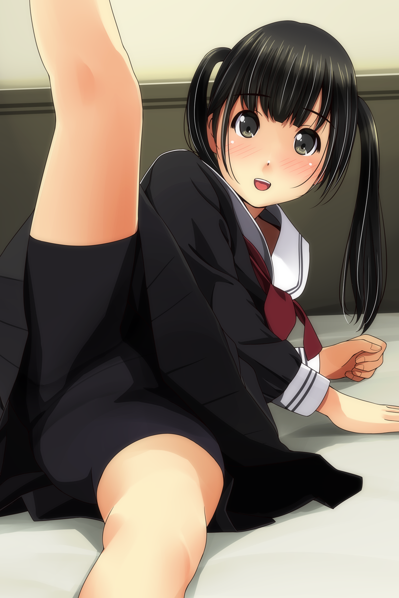 :d bangs bed_sheet bike_shorts black_eyes black_hair black_serafuku black_shirt black_shorts black_skirt blush commentary_request eyebrows_visible_through_hair fingernails highres leg_up long_hair long_sleeves looking_at_viewer lying matsunaga_kouyou neckerchief on_side open_mouth original pleated_skirt red_neckwear sailor_collar school_uniform serafuku shirt short_shorts shorts skirt smile solo twintails upper_teeth very_long_hair white_sailor_collar
