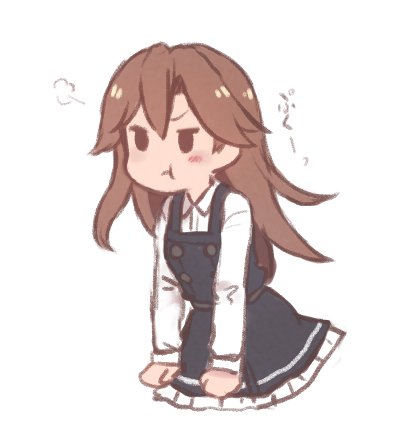 arashio_(kantai_collection) blush brown_hair commentary_request cropped_legs dress furrowed_eyebrows kantai_collection long_hair long_sleeves lowres pinafore_dress pout remodel_(kantai_collection) simple_background solid_oval_eyes solo terrajin white_background