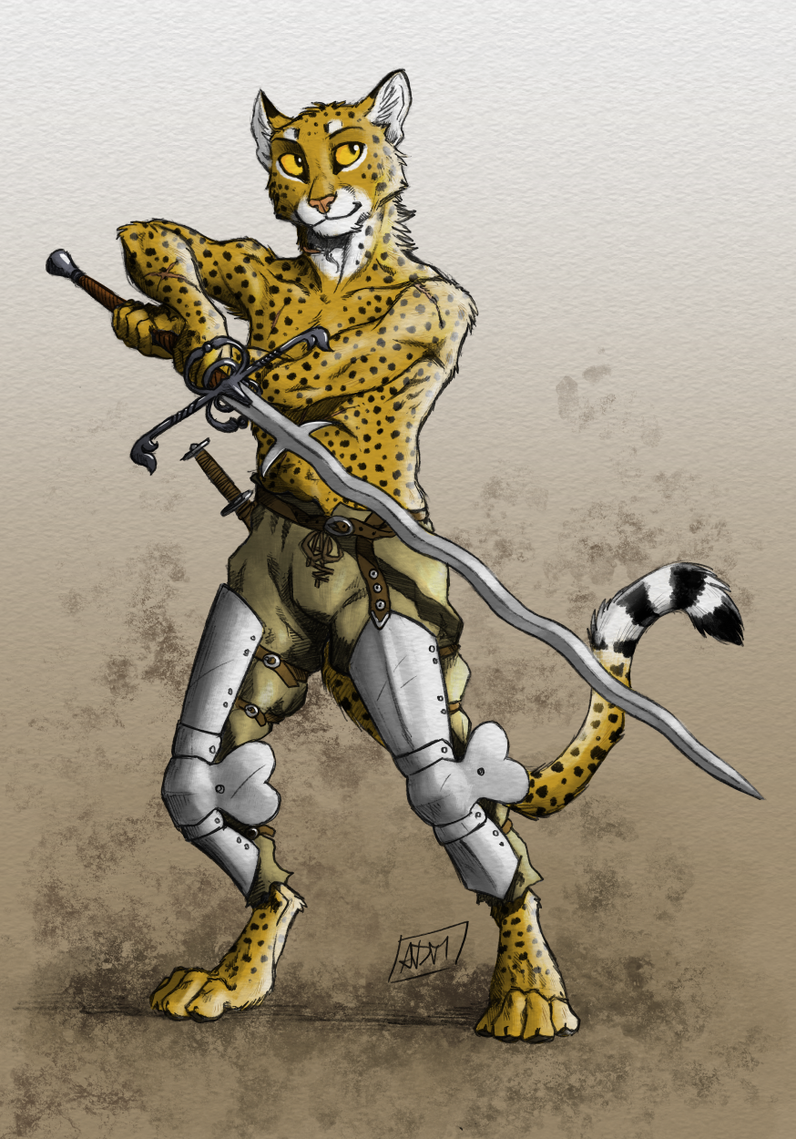 0laffson 2018 4_toes anthro barefoot cheetah digital_media_(artwork) digitigrade feline flamberge fur holding_object holding_weapon male mammal melee_weapon scar simple_background solo spots spotted_fur standing sword toes weapon yellow_eyes yellow_fur