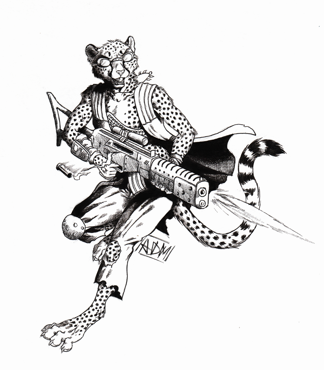 0laffson 2018 4_toes 5_fingers anthro barefoot cheetah digitigrade feline fur gun holding_object holding_weapon mammal open_mouth ranged_weapon sketch spots spotted_fur teeth toes tongue traditional_media_(artwork) weapon