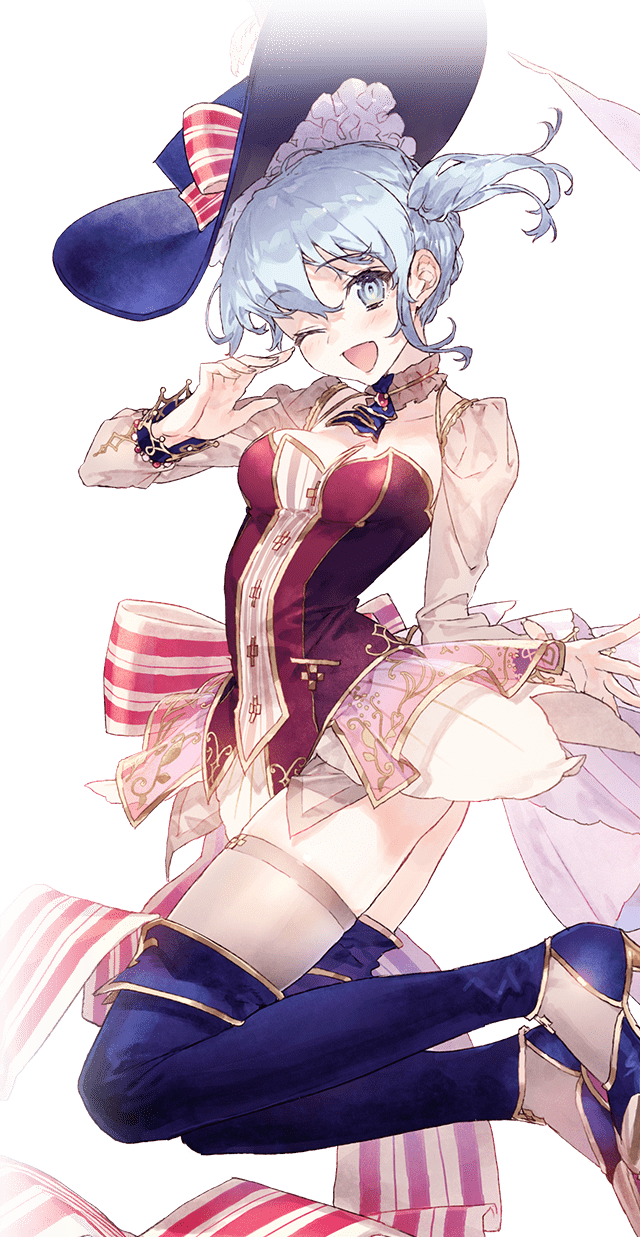 ;d atelier_(series) back_bow blue_hat blue_legwear bow choker detached_sleeves hat hat_bow highres looking_at_viewer nelke_to_densetsu_no_renkinjutsushi_tachi nelke_von_luchetam noco_(adamas) official_art one_eye_closed open_mouth short_hair side_ponytail silver_eyes silver_hair skirt smile solo striped striped_bow thighhighs transparent_background white_skirt white_sleeves zettai_ryouiki