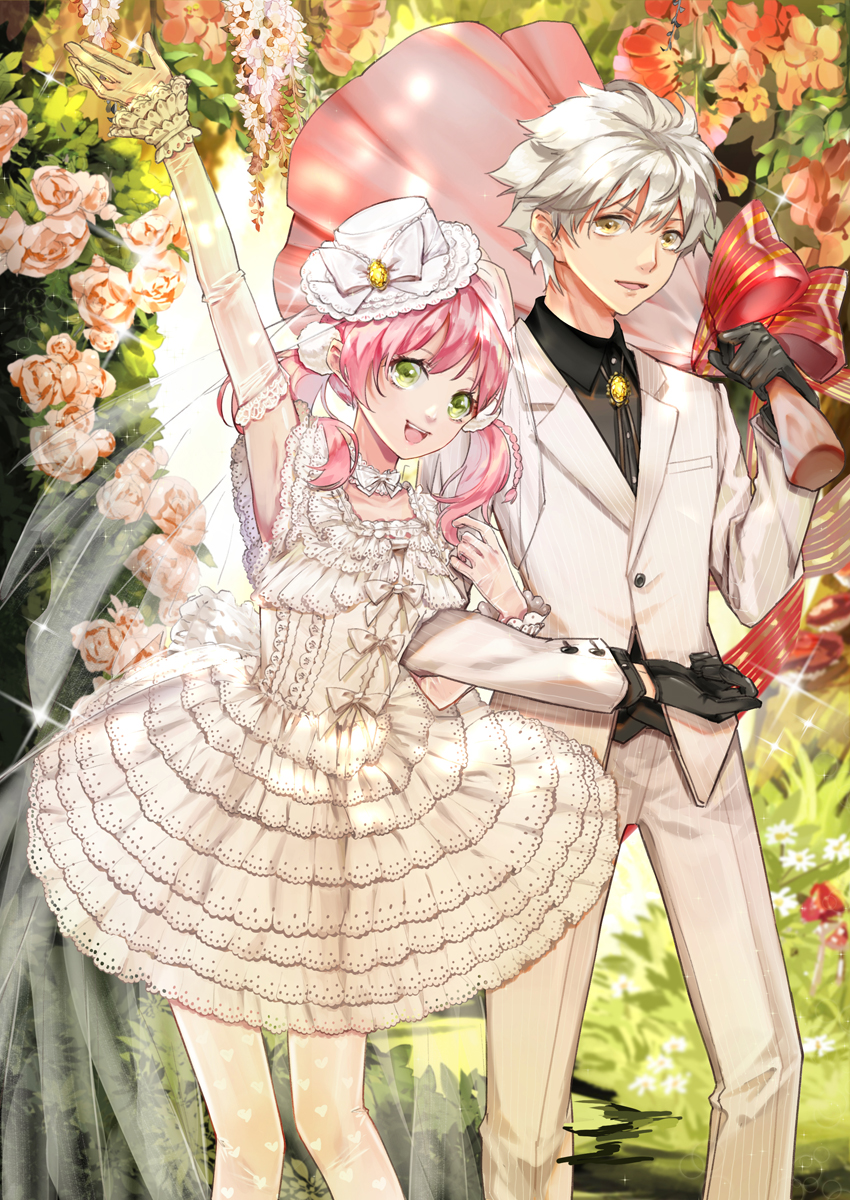 1girl arm_up armpits atelier_(series) atelier_escha_&amp;_logy bouquet bow brooch couple cropped_legs dress elbow_gloves escha_malier flower formal frills gloves green_eyes hat heart heart_print hetero highres holding holding_bouquet jewelry logix_ficsario mizukiyan open_mouth over_shoulder pants pantyhose pink_hair print_legwear red_bow short_hair smile standing suit top_hat twintails veil wedding white_bow white_dress white_gloves white_hair white_hat white_pants yellow_eyes