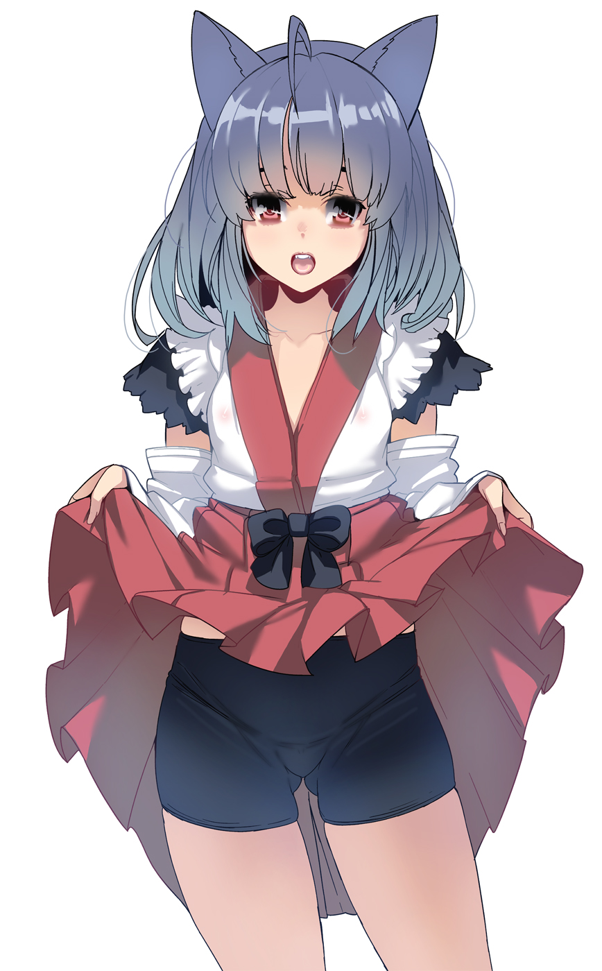 ahoge animal_ears ass_visible_through_thighs bike_shorts breasts cowboy_shot detached_sleeves frills grey_hair highres japanese_clothes lifted_by_self long_hair masao miko open_mouth original pleated_skirt red_eyes skirt skirt_lift small_breasts solo standing white_background