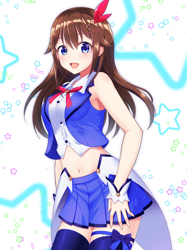 :d armpit_peek arms_at_sides bangs bare_arms bare_shoulders blue_eyes blue_legwear blue_ribbon blue_skirt blue_vest bow bowtie breasts brown_hair buttons collared_shirt contrapposto cowboy_shot crop_top hair_between_eyes hair_bow hair_flaps hair_ornament leg_ribbon long_hair looking_at_viewer medium_breasts midriff mikannsisyou miniskirt navel open_clothes open_mouth open_vest pleated_skirt red_neckwear ribbon shirt sidelocks simple_background skirt sleeveless sleeveless_shirt smile solo standing star star_hair_ornament starry_background thighhighs tokino_sora tokino_sora_channel vest virtual_youtuber white_background white_shirt wing_collar wrist_cuffs zettai_ryouiki