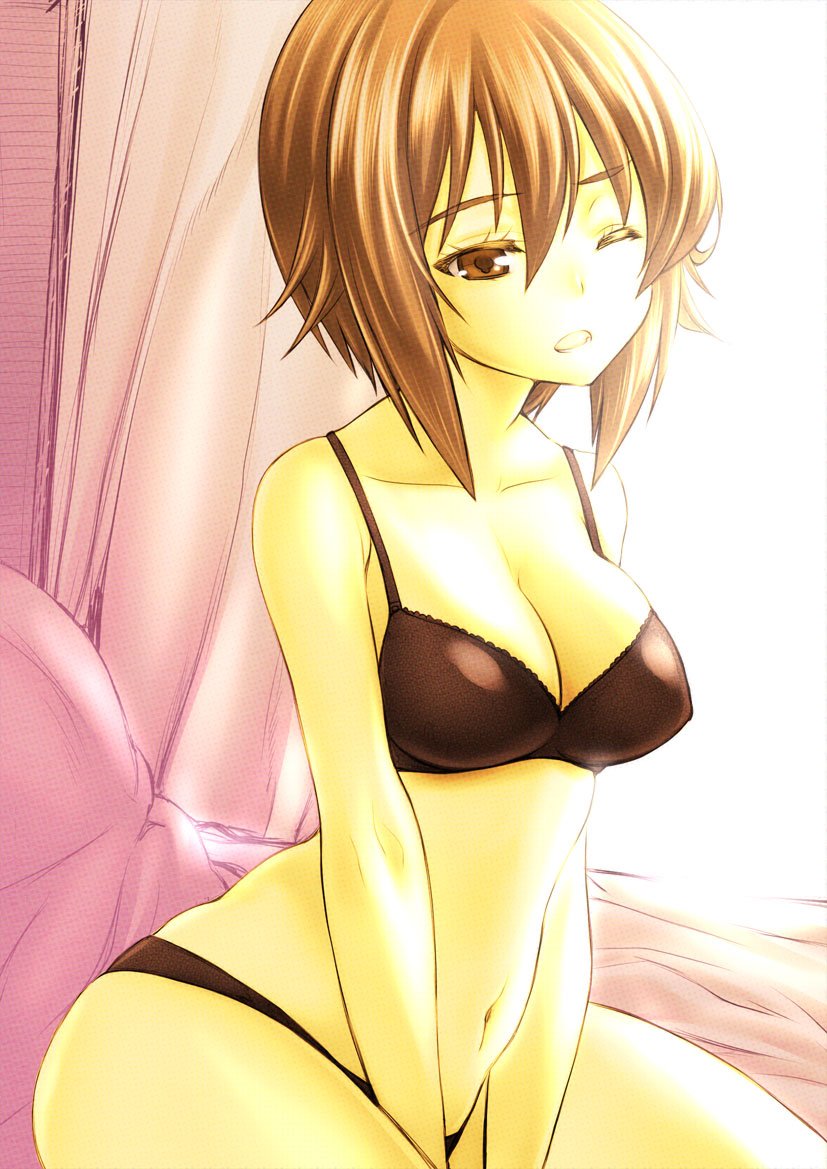 backlighting bangs bed_sheet black_bra black_panties bra breasts brown_eyes cleavage commentary curtains day eyebrows_visible_through_hair frown girls_und_panzer lace lace-trimmed_bra medium_breasts navel nishizumi_maho on_bed one_eye_closed open_mouth panties shiromitsu_suzaku short_hair sitting solo underwear v_arms wariza wince window