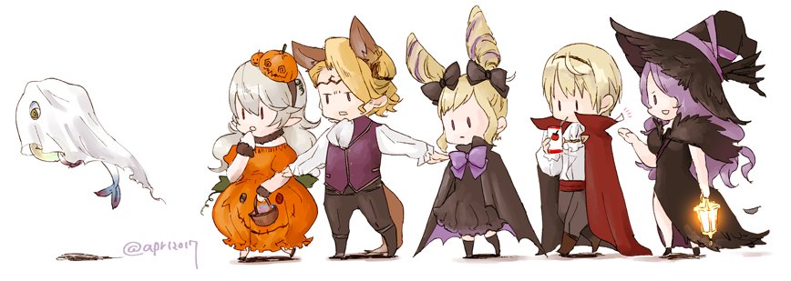 3girls animal_ears basket black_bow black_dress black_pants blonde_hair bow brother_and_sister brothers camilla_(fire_emblem_if) cape circlet commentary_request dress elise_(fire_emblem_if) fake_animal_ears fake_tail female_my_unit_(fire_emblem_if) fire_emblem fire_emblem_heroes fire_emblem_if hair_bow hair_over_one_eye hairband halloween_costume hat lantern leon_(fire_emblem_if) lilith_(fire_emblem_if) long_hair long_sleeves marks_(fire_emblem_if) multicolored_hair multiple_boys multiple_girls my_unit_(fire_emblem_if) open_mouth pants pointy_ears purple_hair robaco short_hair siblings simple_background sisters standing tail twintails twitter_username white_background white_hair witch_hat
