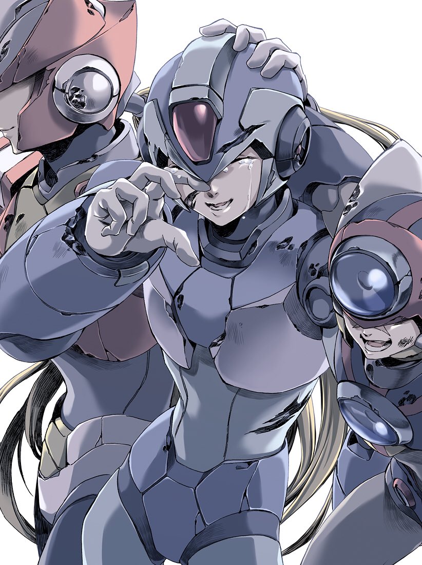 android arm_around_shoulder axl blonde_hair capcom closed_eyes crying gloves hand_on_another's_head helmet long_hair male_focus multiple_boys open_mouth ponytail rockman rockman_x simple_background smile tears teeth white_gloves wiping_eyes wiping_tears x_(rockman) yukinbo78 zero_(rockman)