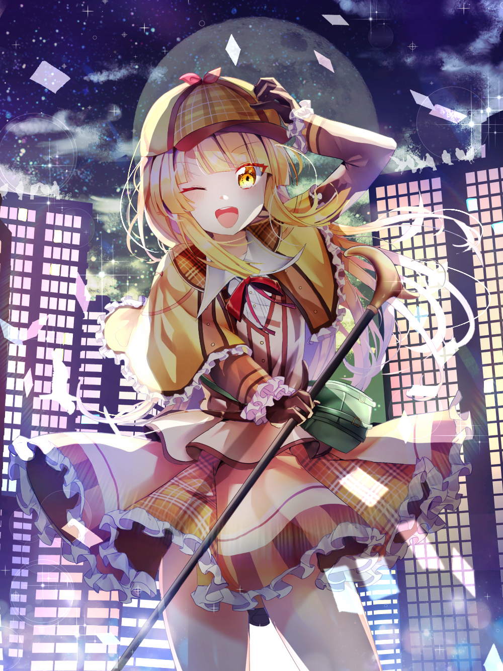 ;d arm_up backlighting bang_dream! bangs blonde_hair blush bow brown_eyes brown_gloves brown_jacket brown_skirt building cane capelet collared_shirt commentary_request cowboy_shot deerstalker dress_shirt eyebrows_visible_through_hair frilled_capelet frilled_gloves frilled_skirt frills full_moon gloves hat head_tilt highres holding holding_cane jacket long_hair long_sleeves miyo_(user_zdsp7735) moon night night_sky one_eye_closed open_mouth outdoors plaid plaid_skirt red_bow round_teeth shirt skirt sky skyscraper sleeves_past_wrists smile solo sparkle standing star_(sky) starry_sky teeth tsurumaki_kokoro upper_teeth very_long_hair white_shirt yellow_capelet yellow_hat