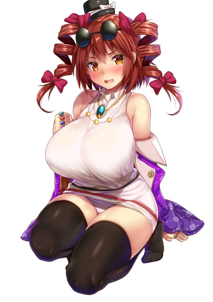 alternate_breast_size arm_support bangs bare_shoulders belt black_hat black_legwear blush bow breasts brown_hair clenched_hand coat commentary_request dress drill_hair ebi_193 eyewear_on_head full_body hair_between_eyes hair_bow hand_up hat hat_bow huge_breasts jewelry long_sleeves mini_hat mini_top_hat no_shoes off_shoulder orange_eyes panties partial_commentary pendant purple_coat red_bow ring seiza short_dress short_hair simple_background sitting sleeveless sleeveless_dress solo sunglasses thighhighs thighs top_hat touhou twin_drills twintails underwear white_background white_bow white_dress white_panties wide_sleeves yorigami_jo'on