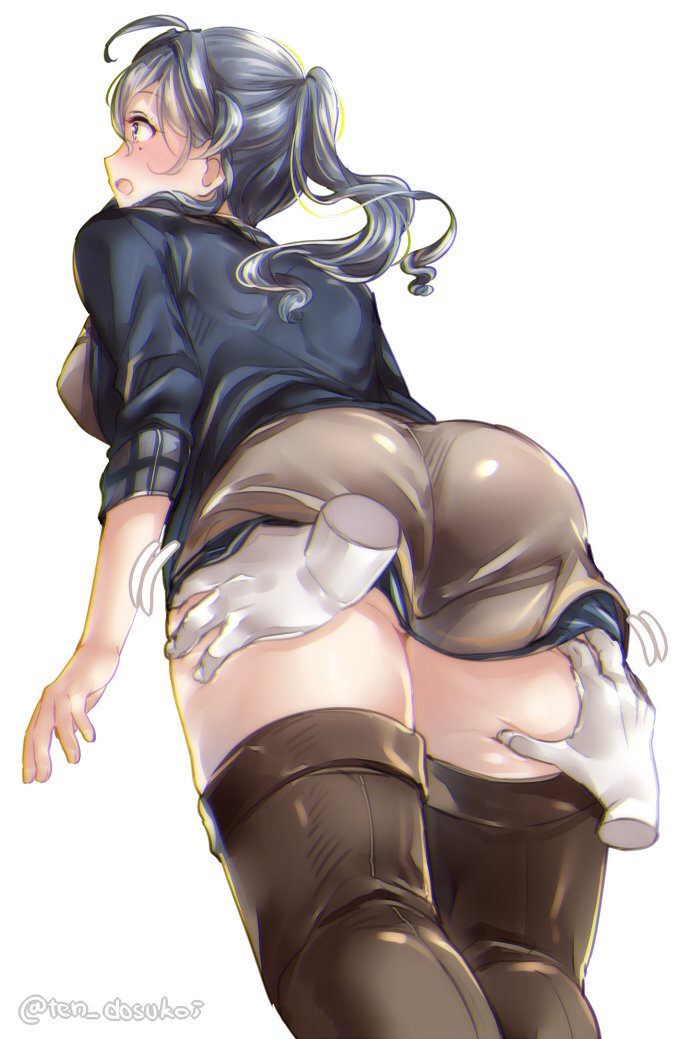 ahoge alternate_costume ass ass_grab blue_eyes blue_hair blue_jacket blush breasts brown_legwear commentary_request disembodied_limb dress eyebrows_visible_through_hair from_behind from_below gotland_(kantai_collection) grabbing groping hair_between_eyes jacket juurouta kantai_collection long_hair long_sleeves looking_at_viewer mole mole_under_eye open_mouth ponytail profile simple_background sleeves_past_elbows solo_focus thighhighs twitter_username white_background