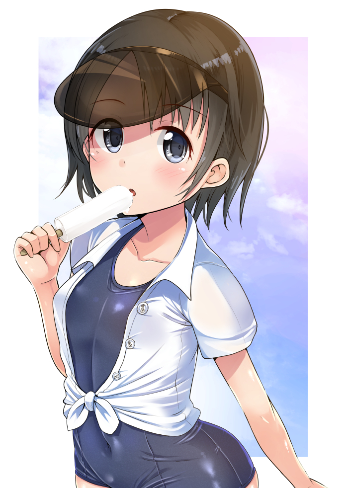 :o arm_at_side ass bangs blue_sky blue_swimsuit blush breasts brown_hair buttons cloud collarbone collared_shirt covered_navel day dress_shirt eating eyebrows_visible_through_hair food front-tie_top gaichi grey_eyes hair_between_eyes hand_up holding holding_food idolmaster idolmaster_cinderella_girls looking_at_viewer old_school_swimsuit one-piece_swimsuit outside_border parted_bangs parted_lips popsicle sasaki_chie school_swimsuit see-through shiny shiny_clothes shirt short_sleeves sideways_glance skindentation sky small_breasts solo standing straight_hair swimsuit swimsuit_under_clothes tied_shirt unbuttoned unbuttoned_shirt upper_body visor_cap white_shirt wing_collar