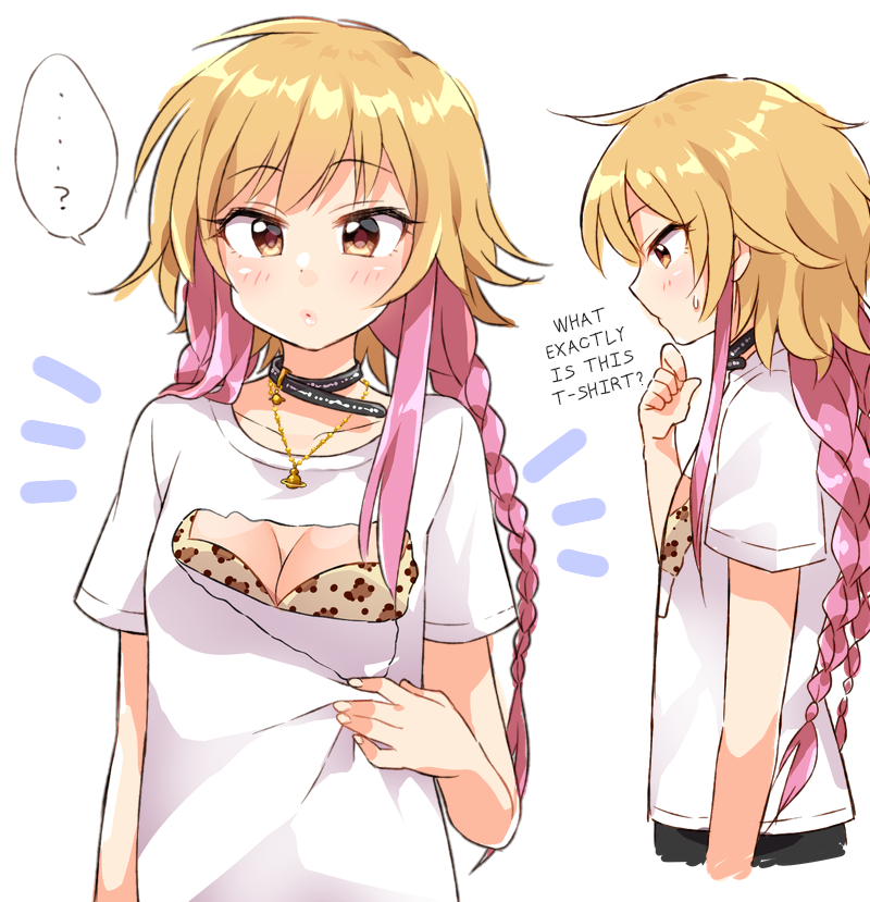 ... 1girl ? blonde_hair braid brown_eyes collar collarbone commentary_request eyebrows_visible_through_hair flat_chest from_side hand_on_own_chin hard_translated idolmaster japanese_text jewelry long_hair looking_at_viewer mio_(mgr300) multicolored_hair multiple_views necklace ninomiya_asuka optical_illusion pink_hair shirt speech_bubble spoken_ellipsis spoken_question_mark sweatdrop t-shirt translated twin_braids two-tone_hair upper_body