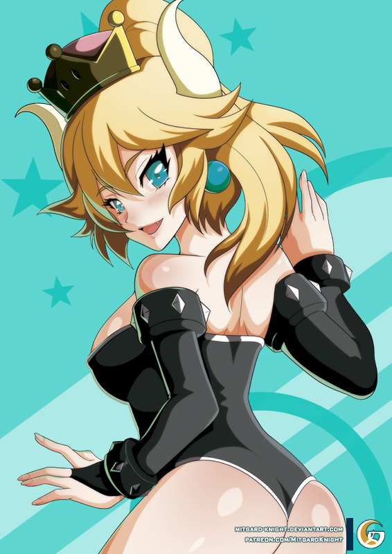 1girl ass bare_shoulders black_leotard blonde_hair blue_eyes blush bowsette breasts crown horns jewelry large_breasts leotard long_hair looking_at_viewer looking_back mario_(series) mitgard monster_girl new_super_mario_bros._u_deluxe nintendo open_mouth pointy_ears ponytail smile solo strapless strapless_leotard super_crown super_mario_bros. white_horns