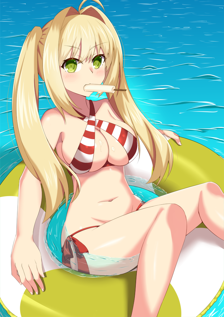 ahoge bangs bikini breasts criss-cross_halter eyebrows_visible_through_hair fate/grand_order fate_(series) food green_eyes hair_intakes halter_top halterneck innertube iseshi9167 large_breasts long_hair looking_at_viewer mouth_hold navel nero_claudius_(fate)_(all) nero_claudius_(swimsuit_caster)_(fate) ocean popsicle red_bikini side-tie_bikini sitting skindentation striped striped_bikini swimsuit twintails