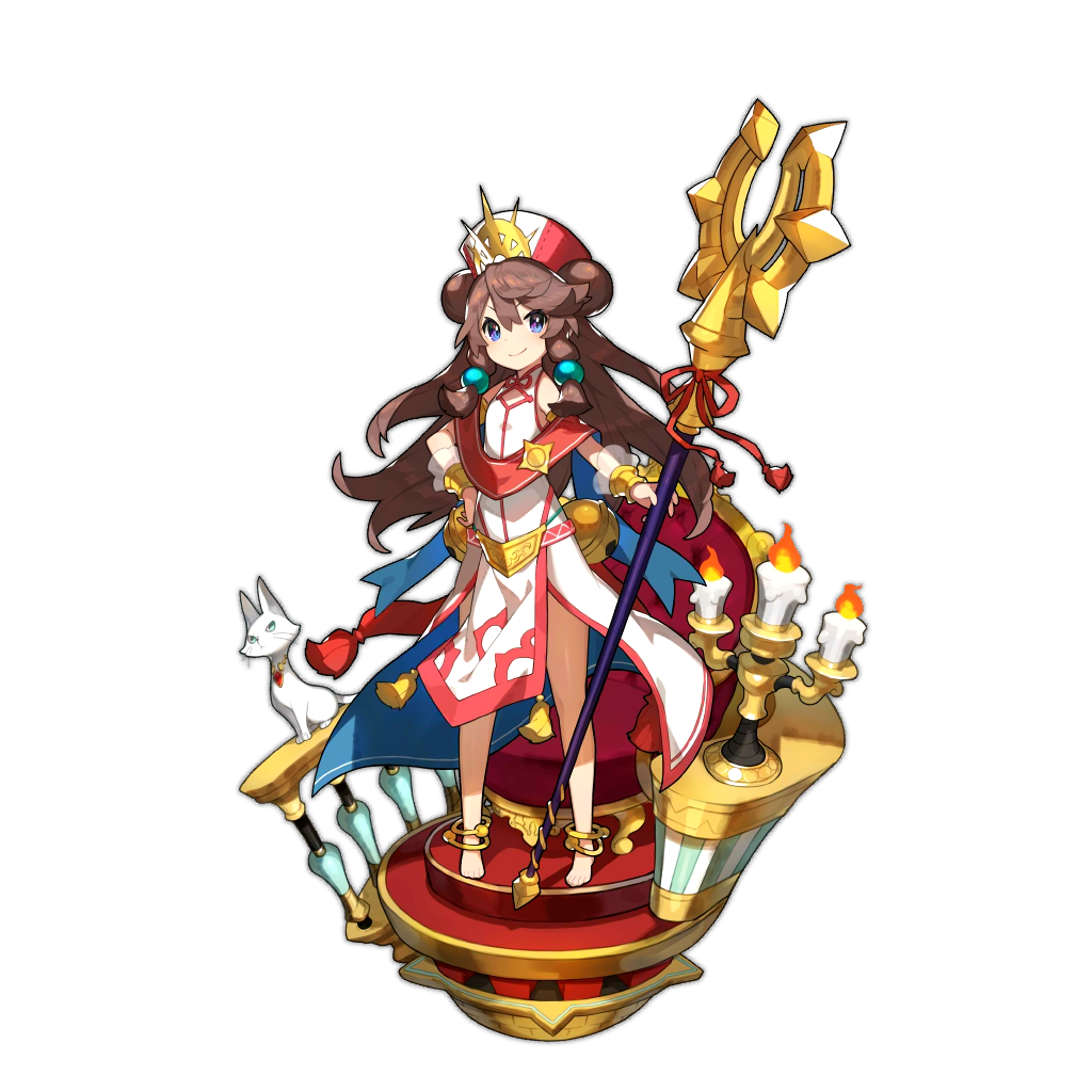 amane_(dragalia_lost) anklet artist_request barefoot braid candle candlestand cat chair child circlet dragalia_lost full_body gem hand_on_hip jewelry long_hair looking_at_viewer official_art robe smile source_request staff stairs transparent_background twin_braids