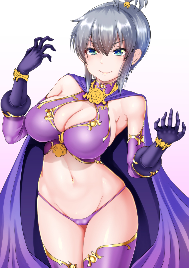 &gt;:) bikini blue_cape blue_eyes blue_gloves breasts cameltoe cape cleavage cleavage_cutout earrings elbow_gloves gloves jewelry karinaga_raizan large_breasts looking_at_viewer navel original purple_bikini purple_gloves purple_legwear revealing_clothes silver_hair skindentation smile solo stomach stud_earrings swimsuit thighhighs