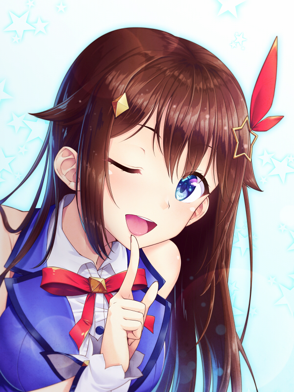 ;d aqua_background bangs bare_shoulders blue_eyes blue_vest bow bowtie breasts brown_hair buttons collared_shirt finger_to_mouth hair_bow hair_flaps hair_ornament head_tilt index_finger_raised long_hair looking_at_viewer medium_breasts mikannsisyou one_eye_closed open_mouth red_neckwear shirt shushing sidelocks silhouette simple_background sleeveless sleeveless_shirt smile solo star star_hair_ornament starry_background teeth tokino_sora tokino_sora_channel two-tone_background upper_body upper_teeth vest virtual_youtuber white_background white_shirt wing_collar wrist_cuffs