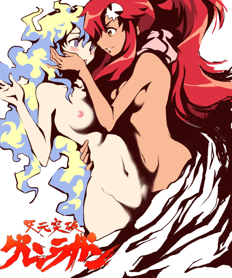 blush breasts celsius_(uzumaki215) commentary curly_hair face-to-face hair_ornament hand_on_another's_back hand_on_another's_cheek hand_on_another's_face long_hair medium_breasts multiple_girls navel nia_teppelin nude open_mouth pale_skin pink_scarf ponytail red_hair scarf skull_hair_ornament tan tengen_toppa_gurren_lagann thighs translated very_long_hair white_background white_hair yoko_littner yuri