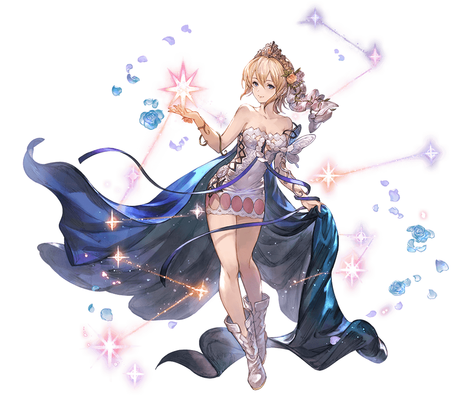 blonde_hair blue_eyes boots breasts bug butterfly cape cleavage dress europa_(granblue_fantasy) flower granblue_fantasy hair_flower hair_ornament insect minaba_hideo official_art short_dress short_hair smile sparkle strapless strapless_dress tiara veil