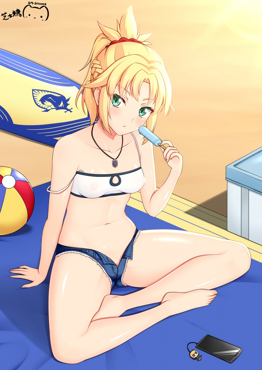 bandeau beach_mat beachball blonde_hair blush braid cellphone clitoris_slip closed_mouth cooler covered_nipples denim denim_shorts fate/grand_order fate_(series) food front-tie_top green_eyes highres jewelry mordred_(fate) mordred_(fate)_(all) necklace off_shoulder open_clothes open_shorts pendant phone popsicle ppshex pussy_peek scrunchie see-through shorts signature smartphone surfboard