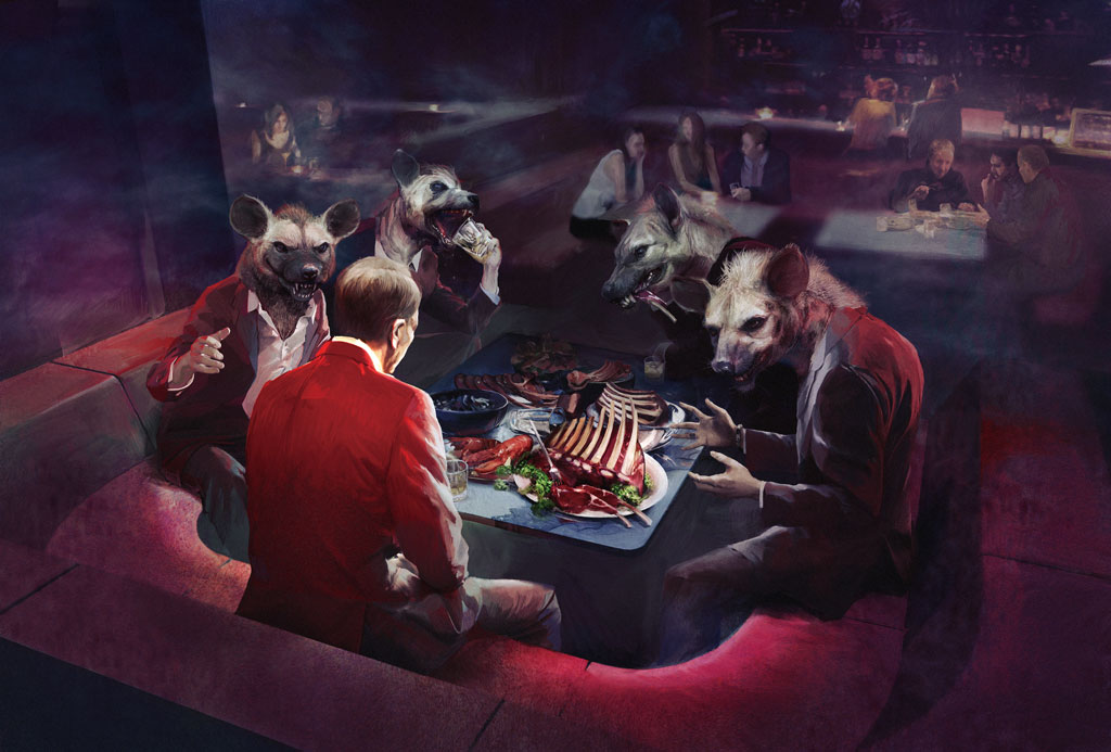 animal_head bar black_nose clothing cup drinking eating fangs fur group holding_object human hyena inside male mammal mane meat open_mouth ryohei_hase sitting smile spots spotted_fur spotted_hyena suit surreal surrealism table whiskers