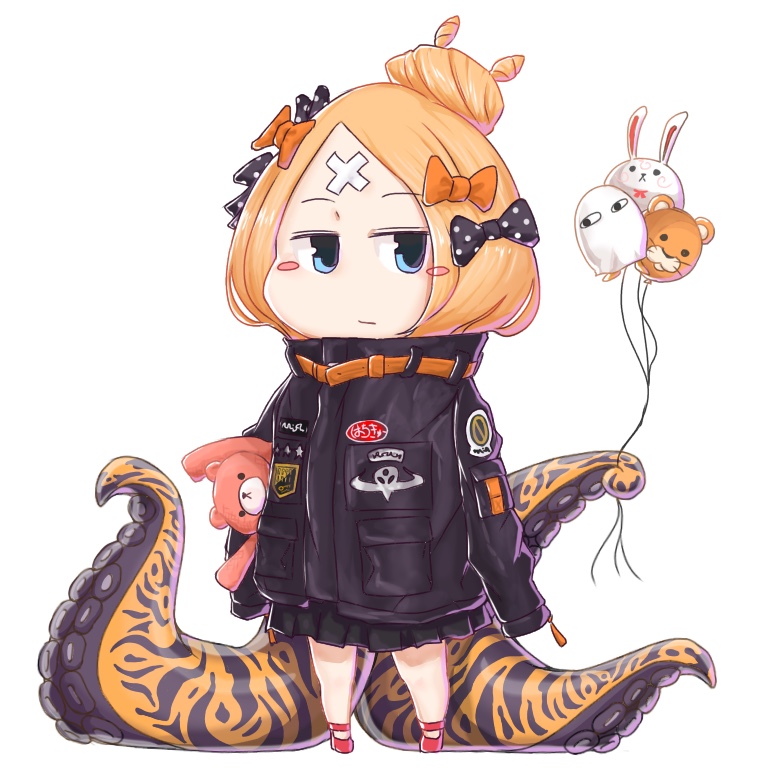 abigail_williams_(fate/grand_order) balloon bangs black_bow black_jacket blonde_hair blue_eyes blush_stickers bow chibi closed_mouth commentary_request crossed_bandaids eyebrows_visible_through_hair fate/grand_order fate_(series) fou_(fate/grand_order) full_body hair_bow hair_bun heroic_spirit_traveling_outfit holding holding_balloon jacket long_hair long_sleeves medjed object_hug orange_bow oruhito_(kamekichi-9) parted_bangs polka_dot polka_dot_bow red_footwear sleeves_past_fingers sleeves_past_wrists solo standing stuffed_animal stuffed_toy suction_cups teddy_bear tentacles