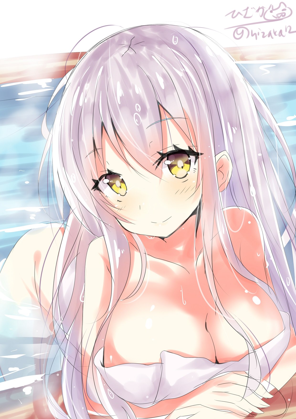 bathing blush breasts closed_mouth commentary_request eyebrows_visible_through_hair hair_between_eyes highres hizaka kantai_collection large_breasts long_hair looking_at_viewer naked_towel shoukaku_(kantai_collection) simple_background solo towel twitter_username water water_drop wet wet_hair white_background white_hair yellow_eyes