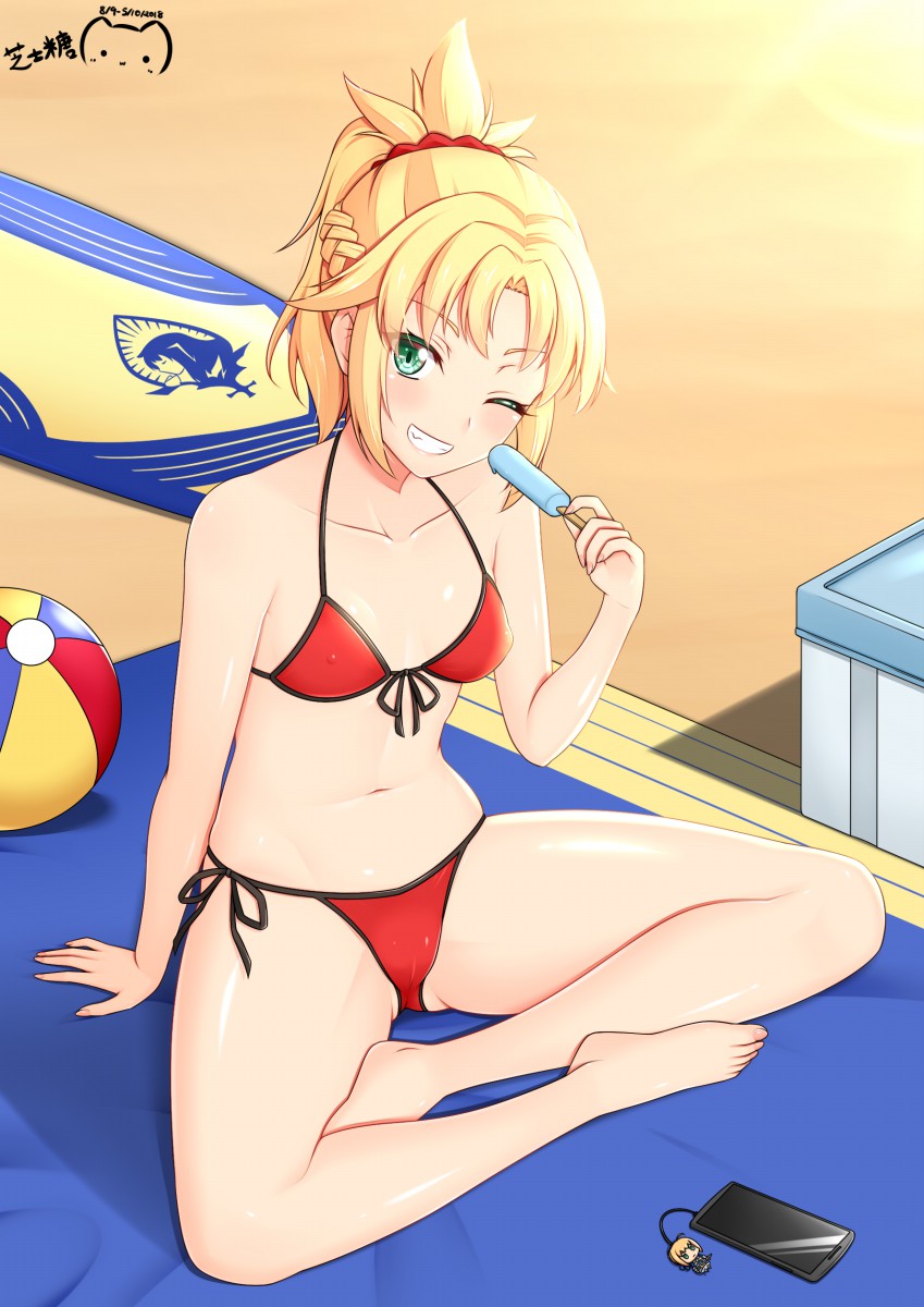 arm_support ball beach_mat beachball bikini blonde_hair blush braid cameltoe cellphone commentary_request cooler covered_nipples fate/grand_order fate_(series) food front-tie_bikini front-tie_top green_eyes highres indian_style mordred_(fate)_(all) mordred_(swimsuit_rider)_(fate) one_eye_closed phone popsicle ppshex red_bikini scrunchie side-tie_bikini side-tie_bottom signature sitting smartphone smile surfboard swimsuit
