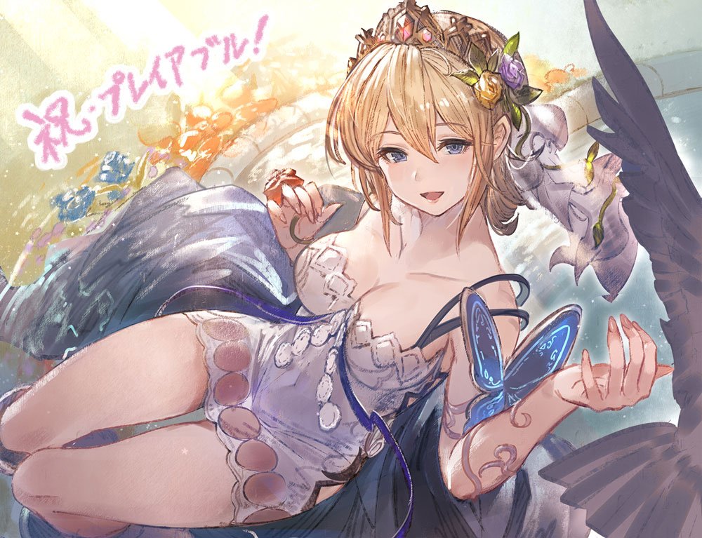 :d blonde_hair blue_eyes breasts bug butterfly cape cleavage commentary_request dress europa_(granblue_fantasy) flower granblue_fantasy hair_flower hair_ornament insect official_art open_mouth short_dress short_hair smile strapless strapless_dress tiara veil water wings