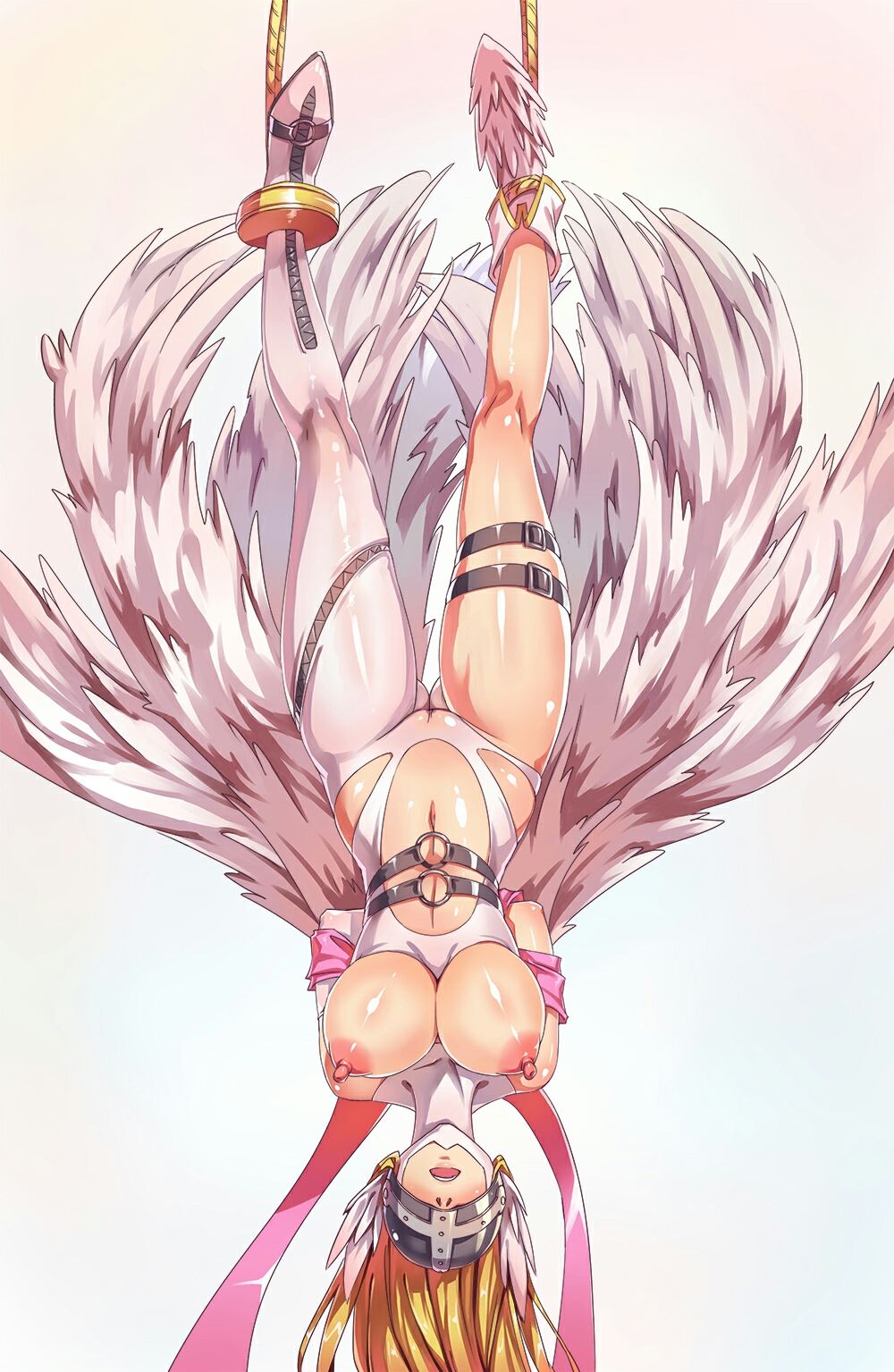 angel_wings angewomon areolae arms_behind_back ass_visible_through_thighs asymmetrical_clothes bare_shoulders bdsm belt blonde_hair bondage bound bound_arms breasts breasts_outside digimon digimon_adventure hanging_breasts head_wings helmet highres large_breasts long_hair mask navel nipples open_mouth pink_ribbon ribbon shinkaui shiny shiny_skin solo stomach suspension thigh_strap upside-down white_footwear white_wings wings zipper
