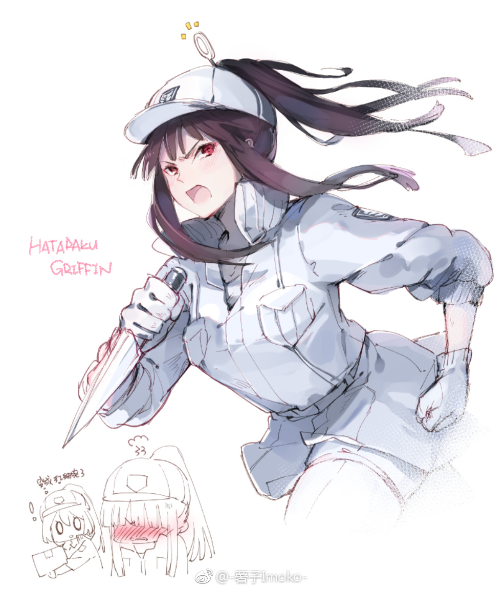 blush box chinese_commentary commentary_request cosplay girls_frontline hat hataraku_saibou knife m1903_springfield_(girls_frontline) multiple_girls purple_hair red_blood_cell_(hataraku_saibou) red_eyes shuzi translation_request wa2000_(girls_frontline) white_blood_cell_(hataraku_saibou) white_blood_cell_(hataraku_saibou)_(cosplay)