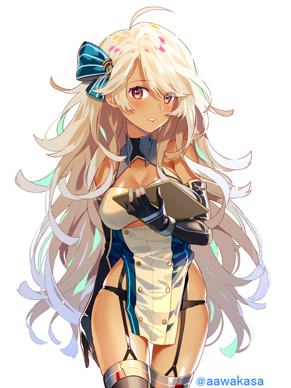 ahoge azur_lane bangs bare_shoulders black_gloves blonde_hair blush bow breasts brooklyn_(azur_lane) buttons cleavage commentary_request dark_skin double-breasted elbow_gloves eyebrows_visible_through_hair garter_belt garter_straps gloves hand_up hips large_breasts long_hair looking_at_viewer messy_hair open_mouth panties pelvic_curtain red_eyes ryuuki_(hydrangea) simple_background skindentation solo swept_bangs tan thigh_gap thighhighs twitter_username underwear very_long_hair wavy_hair white_background
