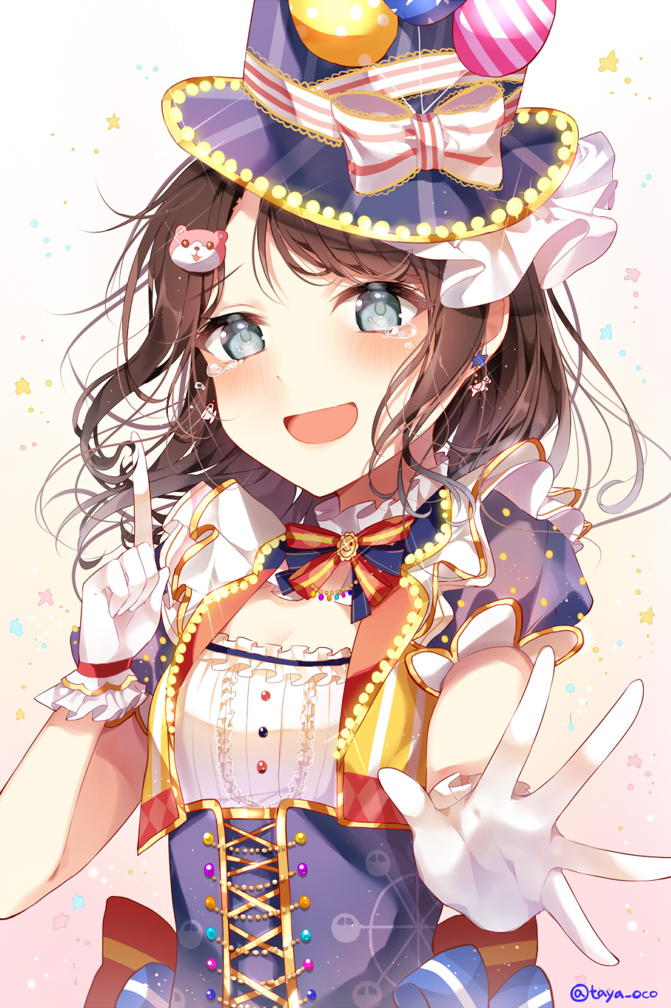 back_bow balloon bang_dream! bangs bear_hair_ornament black_hair blue_eyes blue_neckwear blush bow center_frills character_hair_ornament corset cropped_vest crying detached_collar earrings eyebrows_visible_through_hair frilled_gloves frills gloves hair_ornament hat hat_ribbon highres index_finger_raised jewelry looking_at_viewer medium_hair michelle_(bang_dream!) multicolored multicolored_clothes neck_ribbon okusawa_misaki open_mouth outstretched_hand red_neckwear ribbon smile star star_earrings striped striped_neckwear striped_ribbon taya_5323203 teacup_earrings top_hat twitter_username upper_body white_gloves