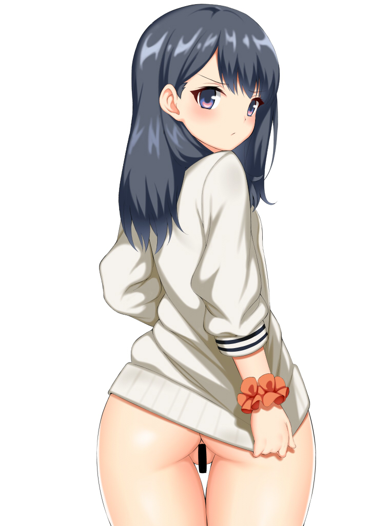 ass bangs bar_censor black_hair blush bottomless cardigan censored covering covering_ass frown long_hair long_sleeves looking_at_viewer no_panties orange_scrunchie purple_eyes pussy scrunchie simple_background solo ssss.gridman takarada_rikka thigh_gap thighs toshishikisai tug underwear white_background white_cardigan wide_hips wrist_scrunchie