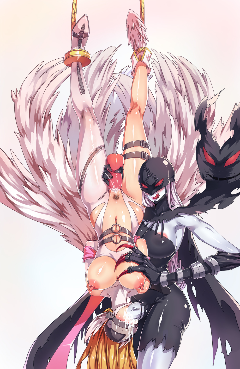 angel_wings angewomon areola_slip areolae arms_behind_back asymmetrical_clothes bare_shoulders bdsm belt black_bodysuit blonde_hair bodysuit bondage bound bound_arms breast_grab breasts breasts_outside cum cum_in_mouth cumdrip digimon digimon_adventure facial fellatio futa_with_female futanari grabbing grey_skin hanging_breasts head_wings helmet highres ladydevimon large_breasts licking_lips long_hair mask multiple_girls navel nipples object_insertion open_mouth oral penis pink_ribbon pubic_hair red_eyes ribbon shinkaui shiny shiny_skin silver_hair stitches stomach suspension thigh_strap tongue tongue_out upside-down vaginal vaginal_object_insertion very_long_hair white_bodysuit white_footwear white_wings wings zipper