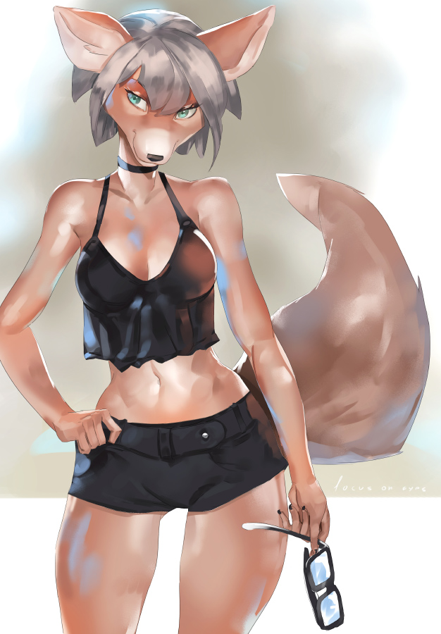 2018 5_fingers anthro belt black_nose bra breasts canine claws cleavage clothed clothing collar eyebrows eyelashes eyewear female finger_claws fingers focus_on_eyes fur glasses green_eyes hair hand_on_hip holding_object mammal midriff navel short_pants signature silver_hair smile solo underwear wide_hips