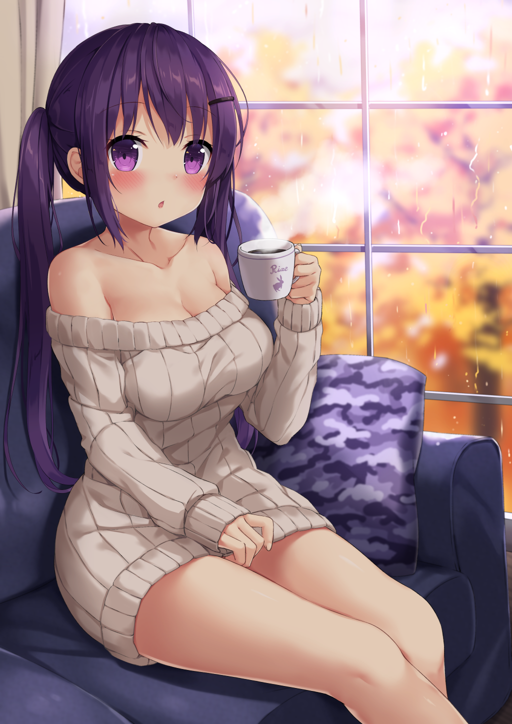 bangs bare_shoulders blurry blurry_background blush breasts brown_sweater camouflage cleavage coffee collarbone commentary_request couch cup depth_of_field eyebrows_visible_through_hair ezoshika fingernails gochuumon_wa_usagi_desu_ka? hair_ornament hairclip highres holding holding_cup indoors long_hair long_sleeves medium_breasts off-shoulder_sweater on_couch parted_lips pillow purple_eyes purple_hair rain sidelocks sitting sleeves_past_wrists solo steam sweater tedeza_rize twintails very_long_hair window