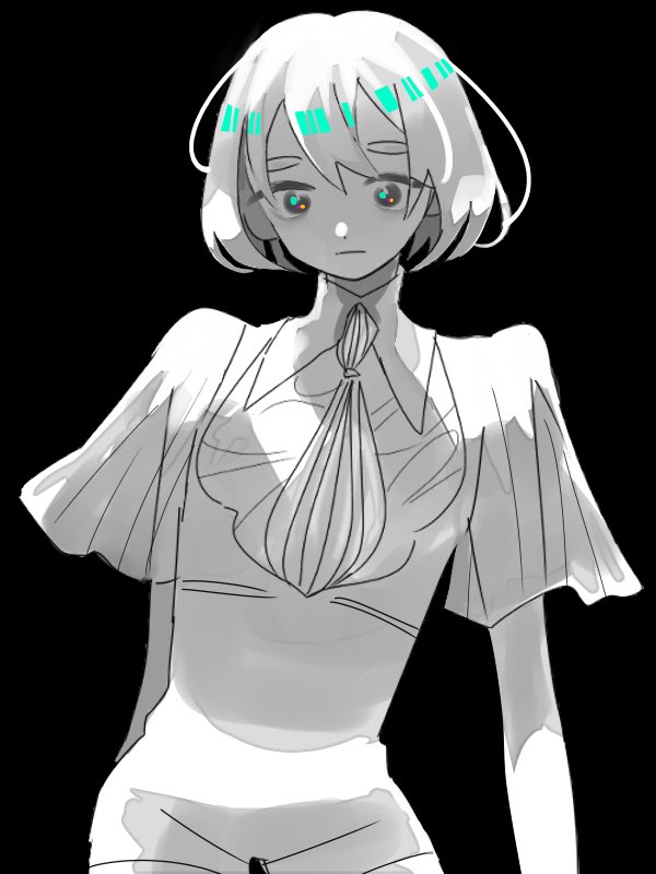 alternate_costume androgynous black_background commentary_request diamond_(houseki_no_kuni) expressionless houseki_no_kuni looking_at_viewer necktie short_hair solo spoilers thick_eyebrows white_hair white_skin yamaya_meiabi