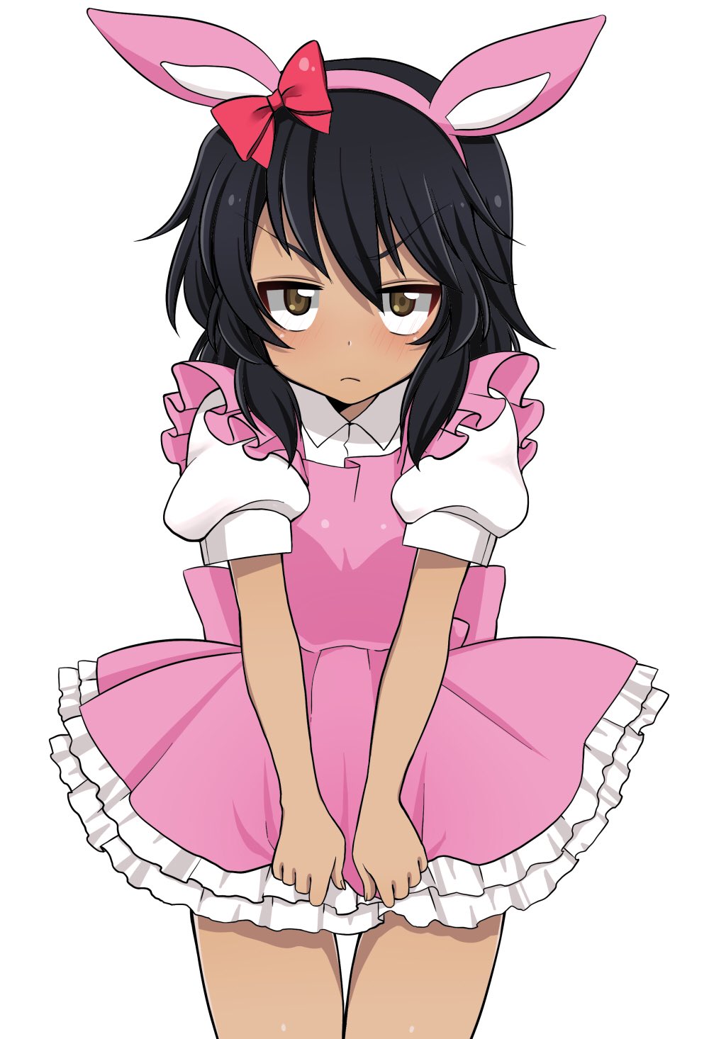 alternate_costume andou_(girls_und_panzer) animal_ears bangs black_hair blush bow brown_eyes bunny_ears closed_mouth collared_shirt commentary cowboy_shot dark_skin dress dress_tug embarrassed fake_animal_ears frilled_dress frills frown girls_und_panzer hair_bow highres jitome looking_at_viewer medium_hair messy_hair pinafore_dress pink_dress puffy_short_sleeves puffy_sleeves red_bow ruruepa shirt short_dress short_sleeves simple_background solo standing v-shaped_eyebrows white_background white_shirt