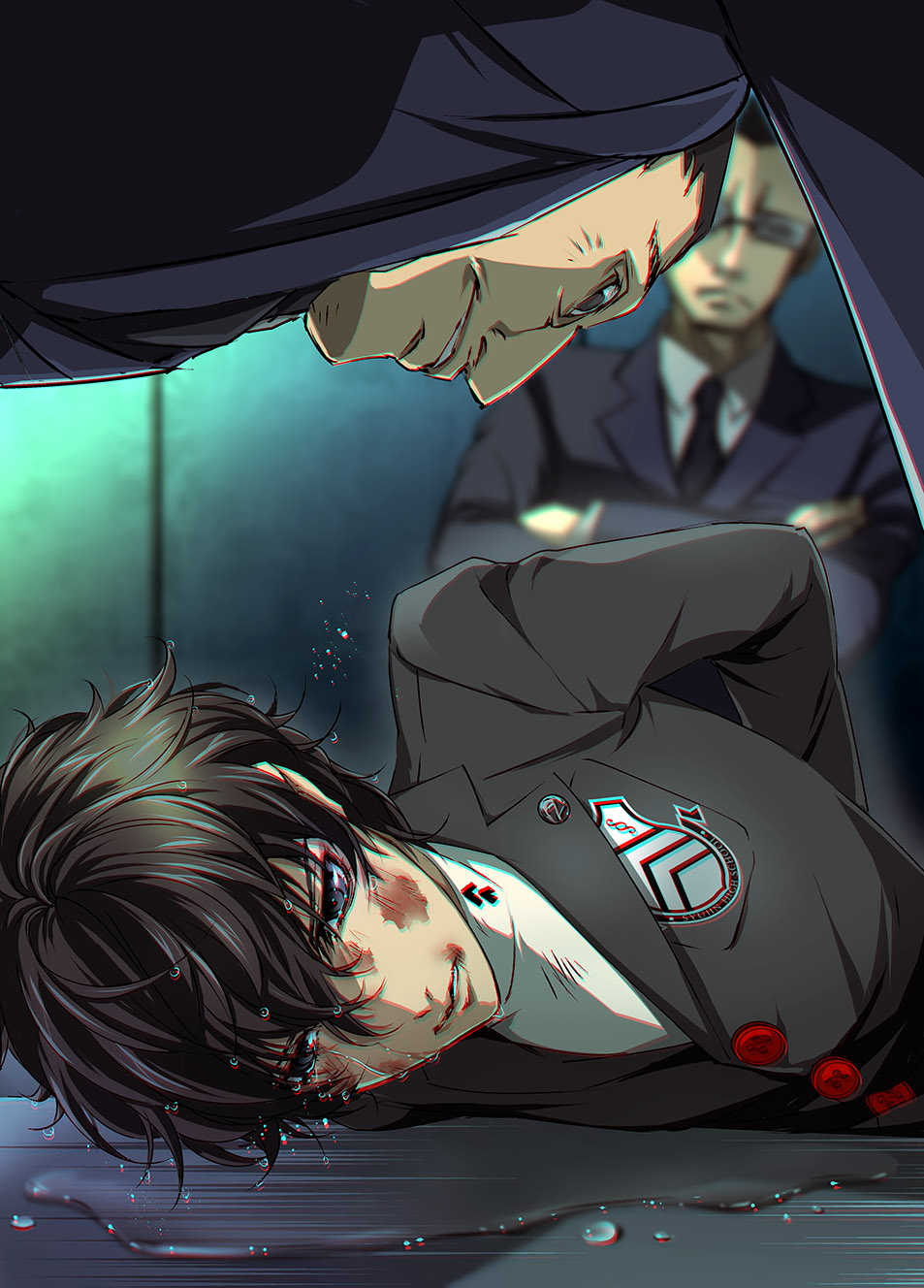 amamiya_ren black_hair black_jacket black_neckwear blue_eyes blurry blurry_background bruise_on_face crossed_arms glasses hair_between_eyes highres indoors jacket male_focus mitsuha_(bless_blessing) multiple_boys necktie parted_lips persona persona_5 shirt upper_body water white_shirt