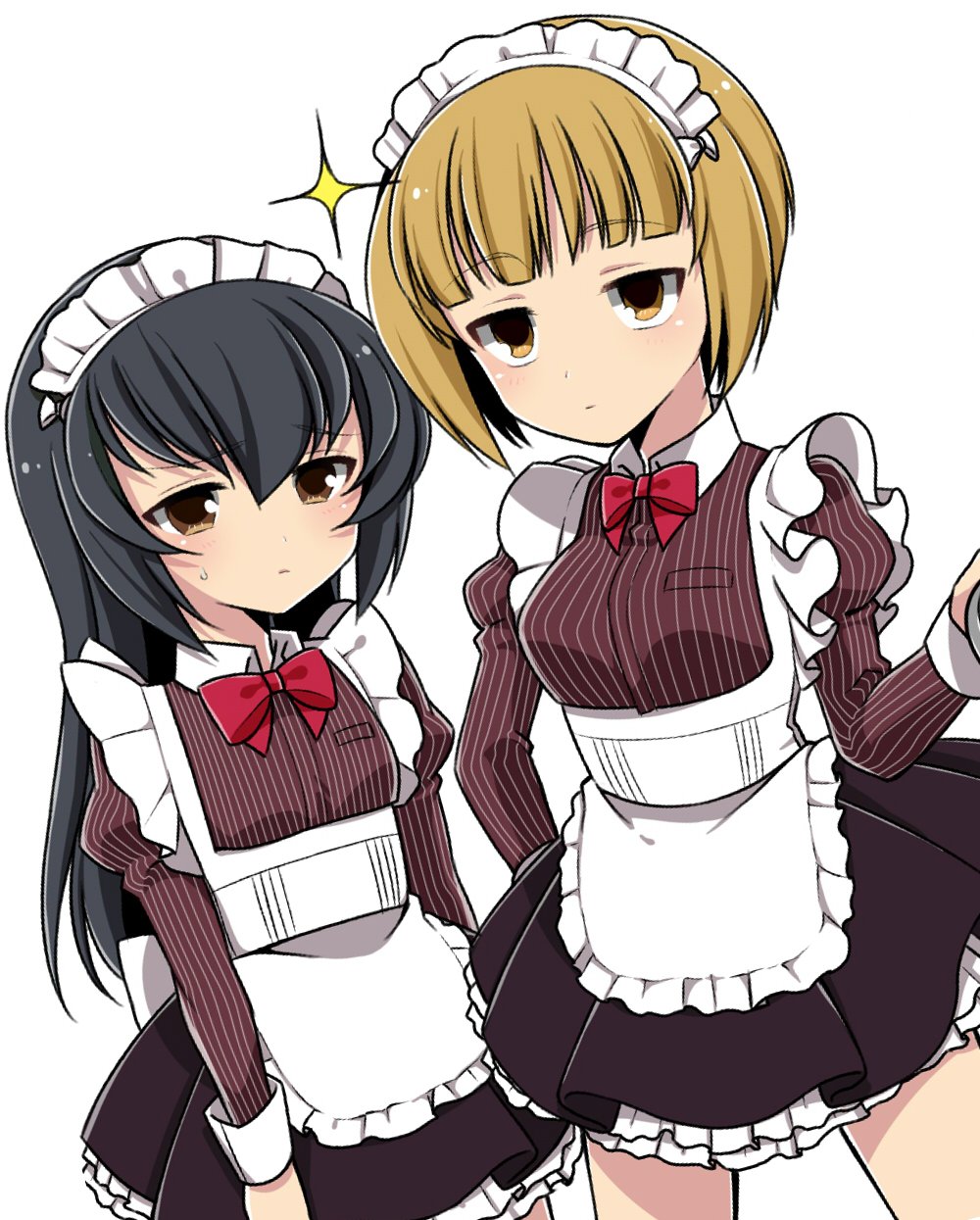 alternate_costume apron bangs black_hair black_skirt blonde_hair blunt_bangs bow bowtie brown_eyes closed_mouth collared_shirt commentary cowboy_shot cutlass_(girls_und_panzer) dutch_angle enmaided expressionless eyebrows_visible_through_hair frilled_apron frills frown girls_und_panzer hairband half-closed_eyes highres juliet_sleeves long_hair long_sleeves looking_at_viewer maid maid_apron maid_headdress miniskirt petticoat pleated_skirt puffy_sleeves red_neckwear reizei_mako ruruepa shirt short_hair simple_background skirt sparkle standing striped striped_shirt sweatdrop vertical-striped_shirt vertical_stripes white_apron white_background white_hairband yellow_eyes