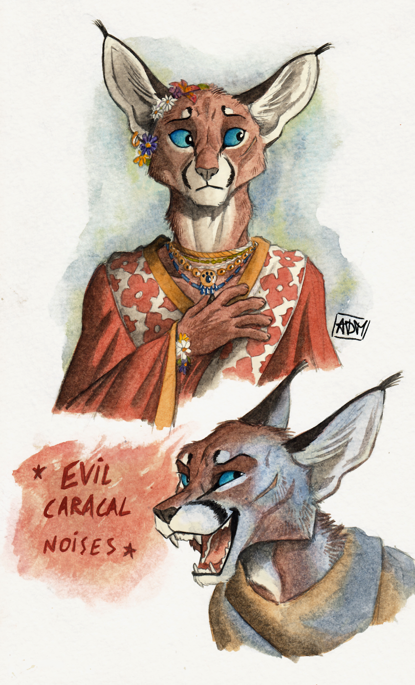 0laffson 2018 5_fingers anthro black_nose brown_nose caracal clothed clothing feline female mammal shadi_(0laffson) solo traditional_media_(artwork)