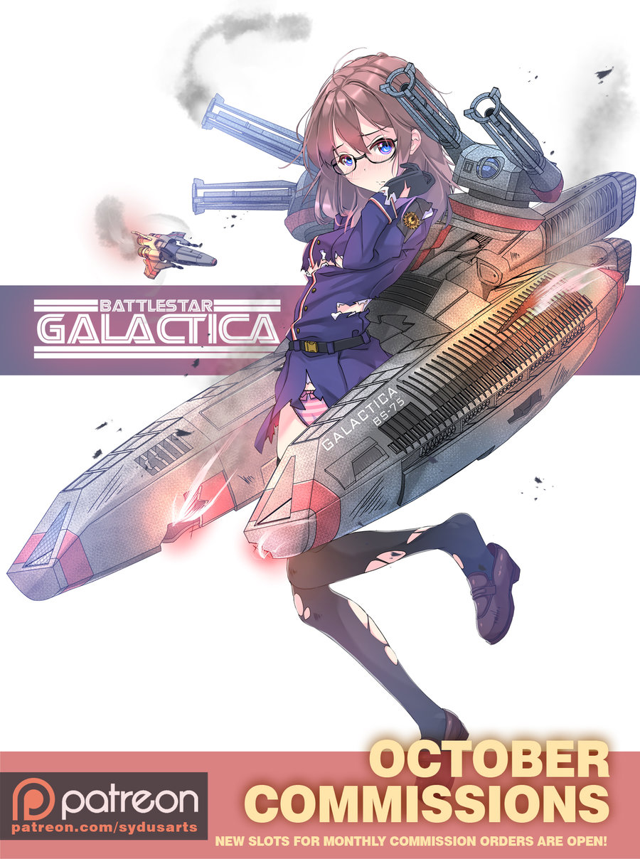 1girl ahoge battlestar_galactica black_belt black_gloves black_legwear blue_eyes brown_footwear brown_hair character_name commentary copyright_name damaged english_commentary fire galactica glasses gloves highres long_sleeves mecha_musume patreon_logo patreon_username personification smoke sydus thighhighs torn_clothes viper_(spacecraft)