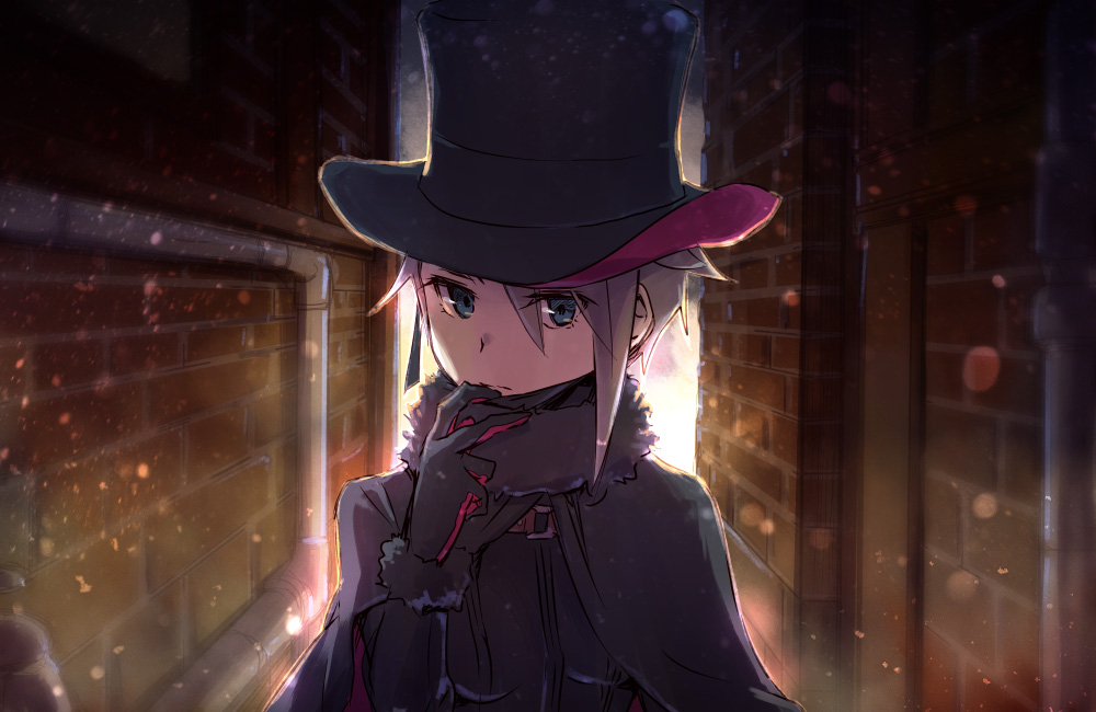 ange_(princess_principal) backlighting black_cape black_hat blue_eyes breasts cape dust_particles hair_between_eyes hat lens_flare looking_at_viewer outdoors princess_principal small_breasts solo tsuta_no_ha upper_body