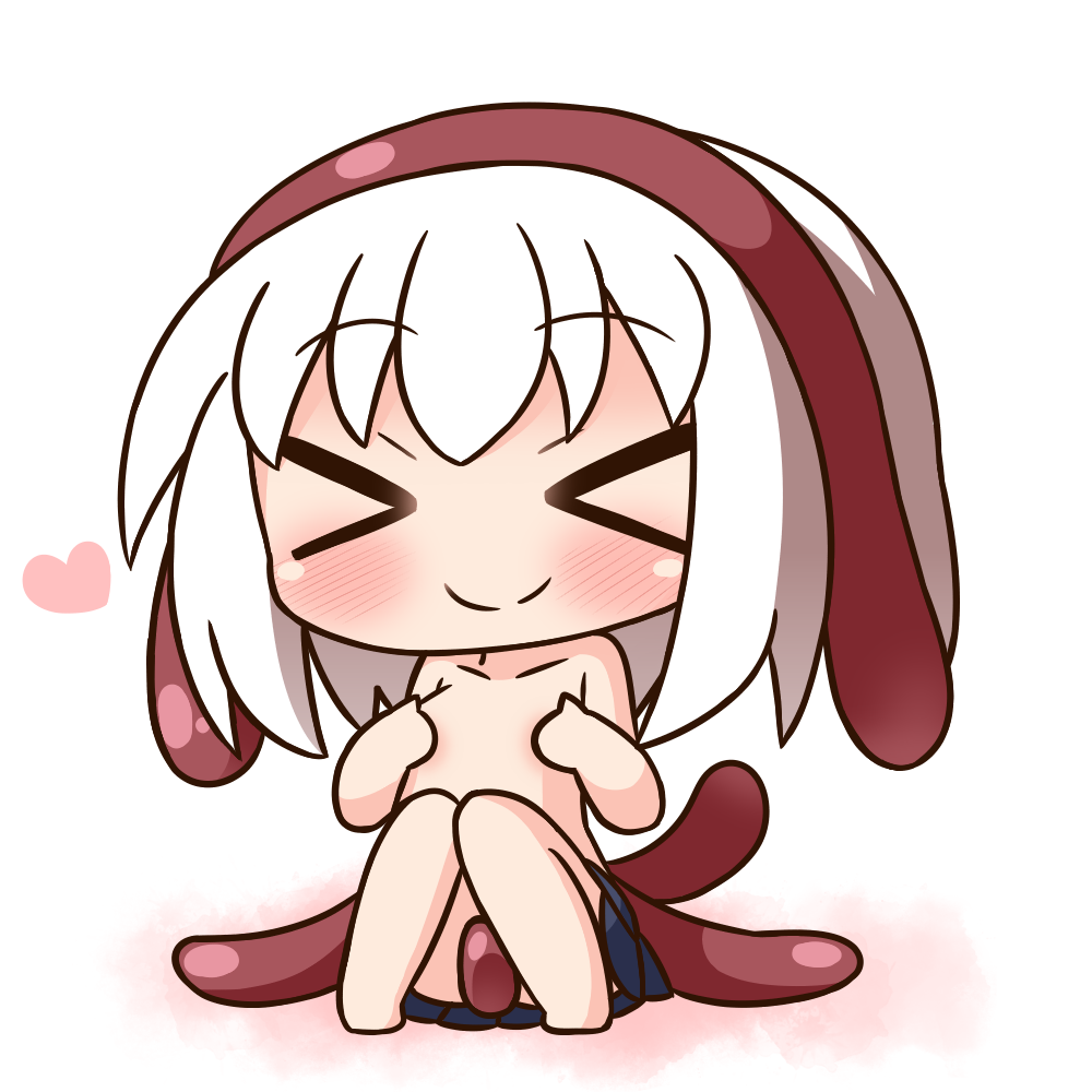 &gt;_&lt; bangs bare_legs barefoot blue_skirt blush breasts chibi closed_mouth collarbone commentary_request covering covering_breasts eyebrows_visible_through_hair facing_viewer full_body hana_kazari head_tilt heart long_hair original pleated_skirt shokushu-chan sitting skirt small_breasts smile solo topless white_background white_hair